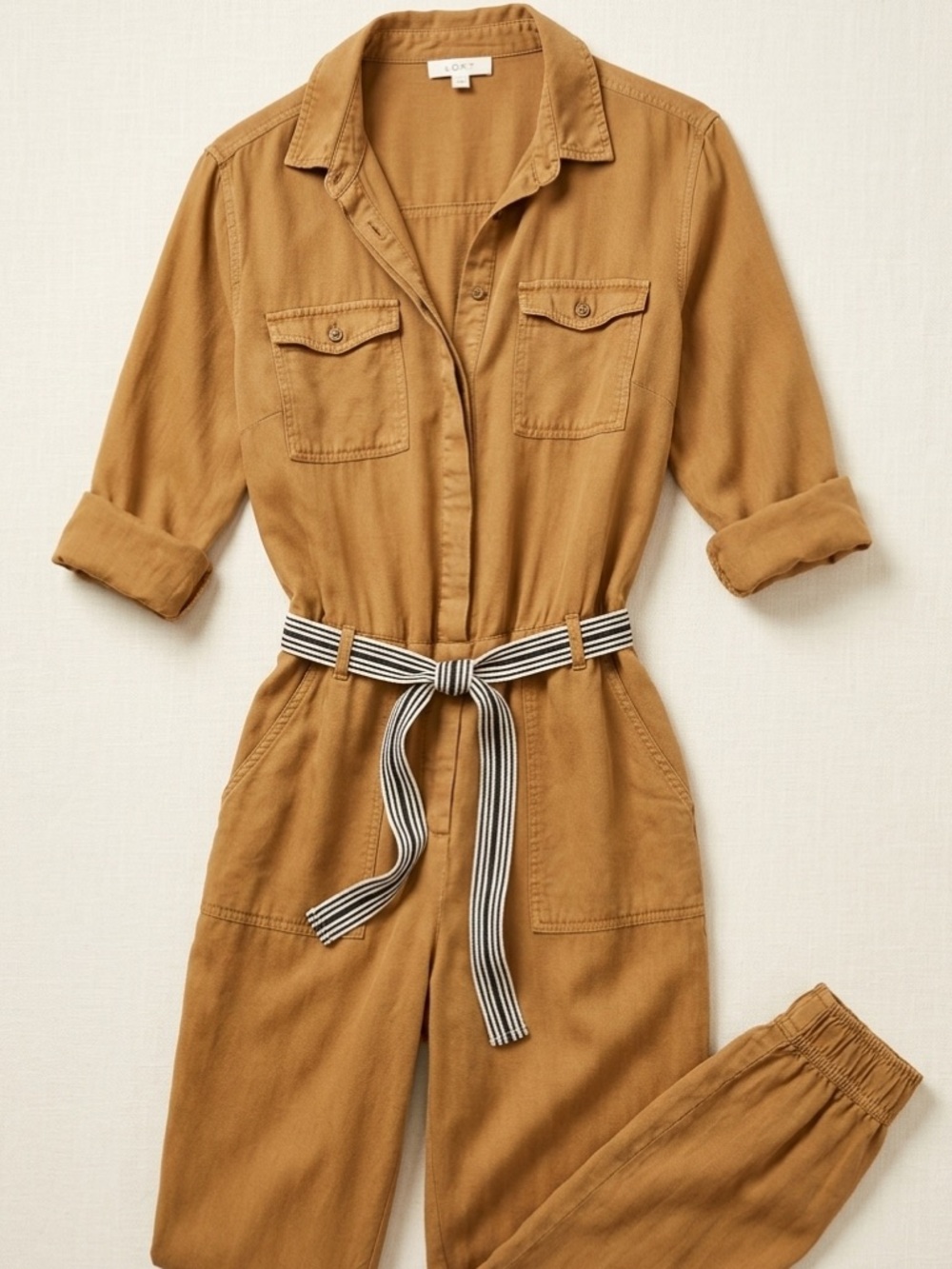 LOFT Tan Utility Jumpsuit Small Cinched Waist Jogger Leg Minimalist Neutral